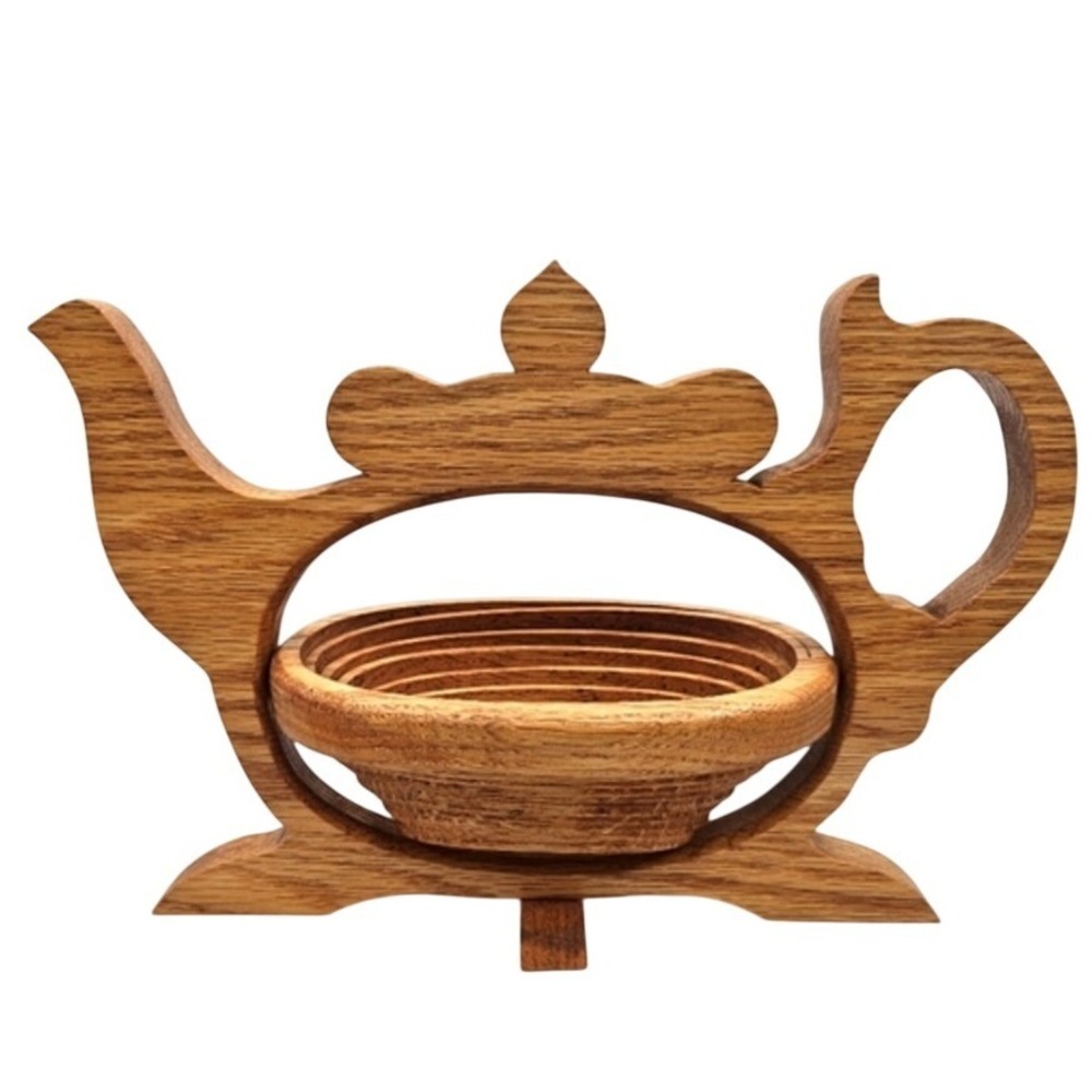 Handmade Oak Wood Teapot Folding Fruit Basket Collapsible Trivet Kitchen Decor‎